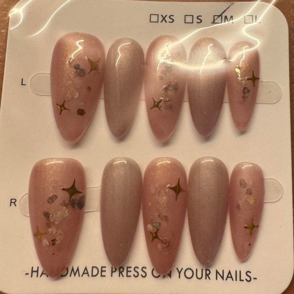 Press On Nails Almond Nude Pink Glitter Star Handmade Fake Nails - Picture 1 of 1